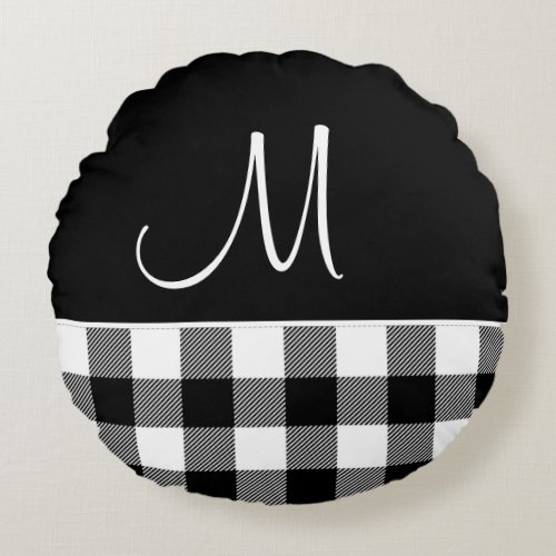 Monogram Black White Buffalo Plaid Farmhouse Round Pillow