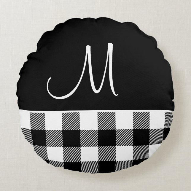 Monogram Black White Buffalo Plaid Farmhouse Round Pillow (Front)