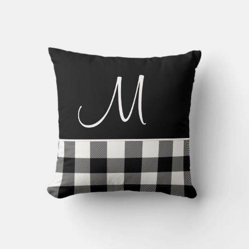 Monogram Black White Buffalo Plaid Farmhouse Round Throw Pillow