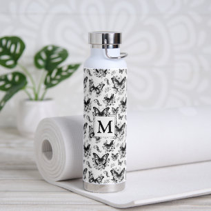 Monogram Black White Butterfly Pattern Water Bottle