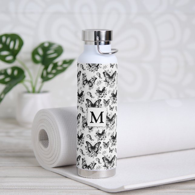 Monogram Black White Butterfly Pattern Water Bottle (Yoga)