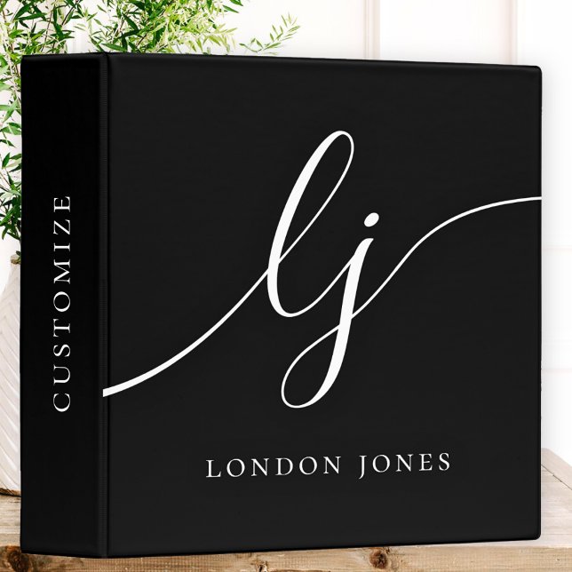 Monogram Black White Calligraphy Script 2 Initials 3 Ring Binder (Creator Uploaded)