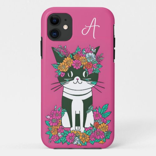 Monogram Black White Cat Pink iPhone 11 Case