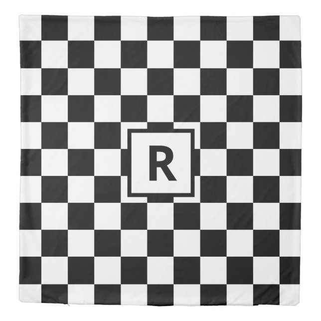 Monogram Black White Checkered Pattern Reversible Duvet Cover (Back)