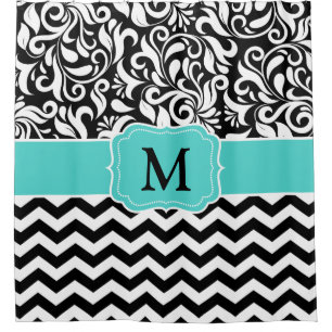 Monogram Black White Chevron Floral Damask Shower Curtain