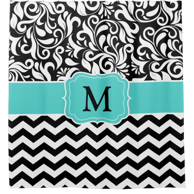Monogram Black White Chevron Floral Damask Shower Curtain (Front)