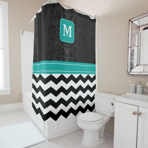 Monogram Black  White Chevron Pattern with Teal Shower Curtain