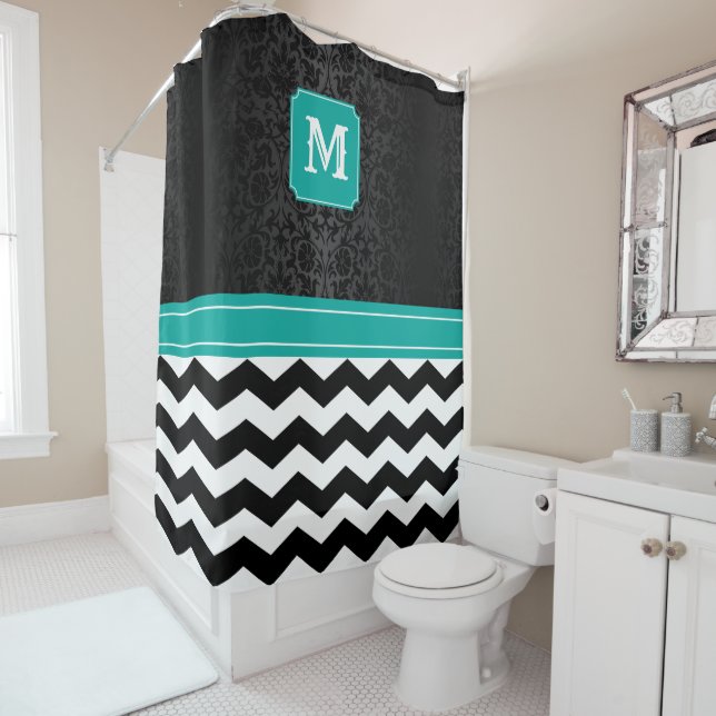 Monogram Black / White Chevron Pattern with Teal Shower Curtain (In Situ)