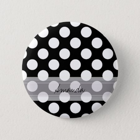 Monogram Black White Chic Polka Dot Pattern Button