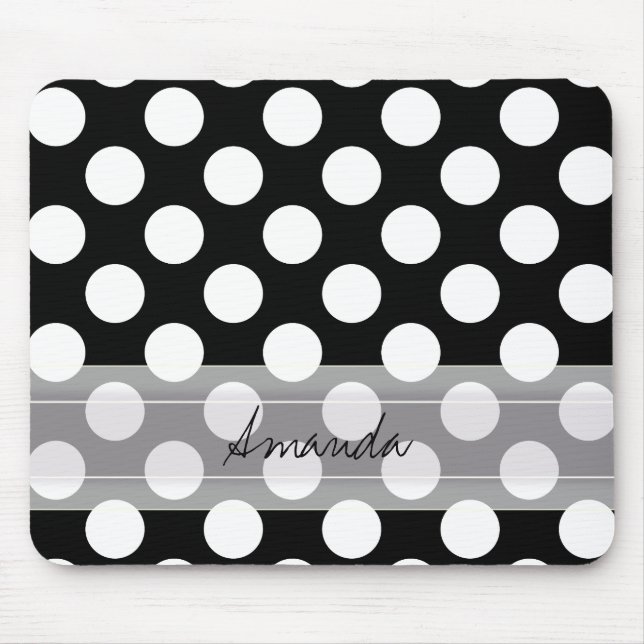 Monogram Black White Chic Polka Dot Pattern Mouse Pad (Front)