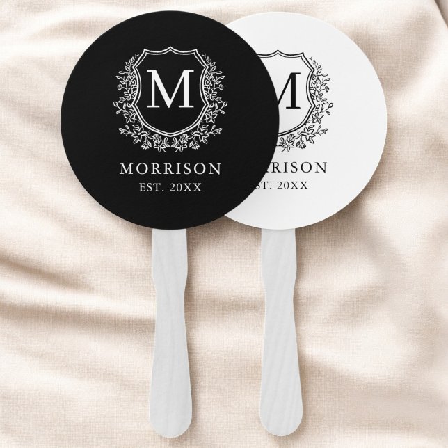 Monogram Black White Crest Botanical Wedding  Hand Fan (Creator Uploaded)