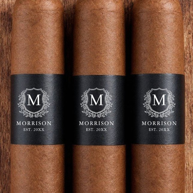Monogram Black White Crest Wedding Cigar Band Label (Creator Uploaded)