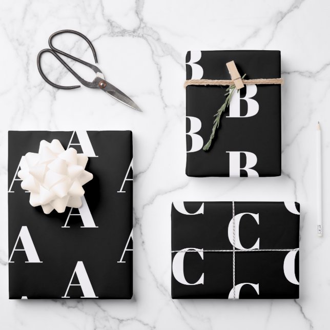 Monogram black white custom initial letter modern wrapping paper sheets (Front)