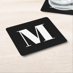 Monogram black white custom initial modern party square paper coaster