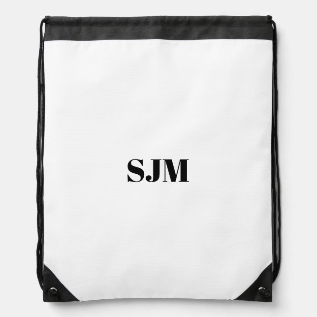 Monogram black white custom initials minimalist drawstring bag (Front)
