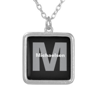  Monogram Black & White Custom Text Round Necklace