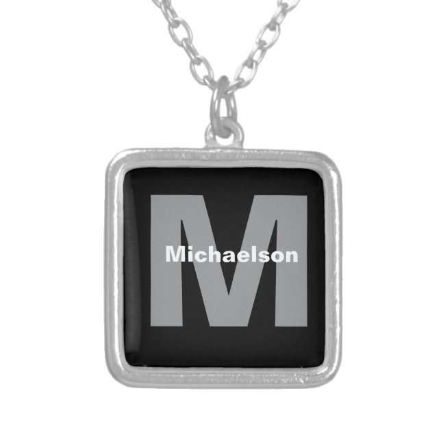  Monogram Black & White Custom Text Round Necklace (Front)