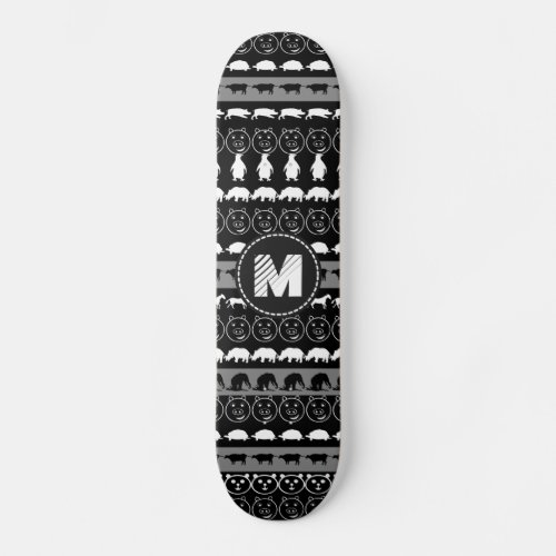 Monogram Black White Cute Animals Pattern 2 Skateboard