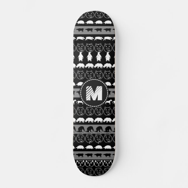 Monogram Black White Cute Animals Pattern #2 Skateboard (Front)