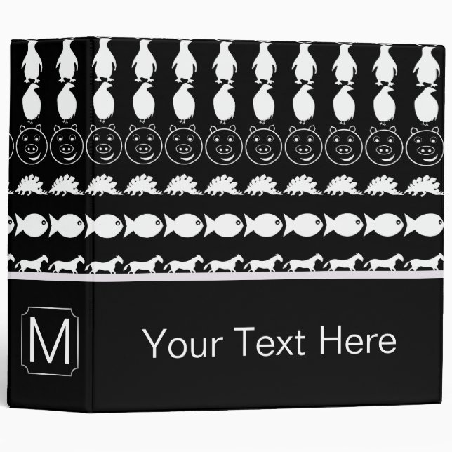 Monogram Black White Cute Animals Pattern Binder (Front/Spine)