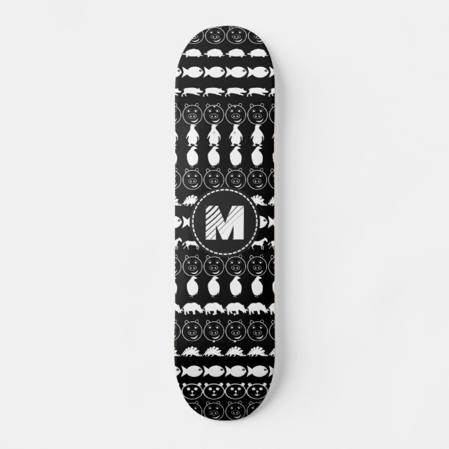 Monogram Black White Cute Animals Pattern Skateboard Deck (Front)