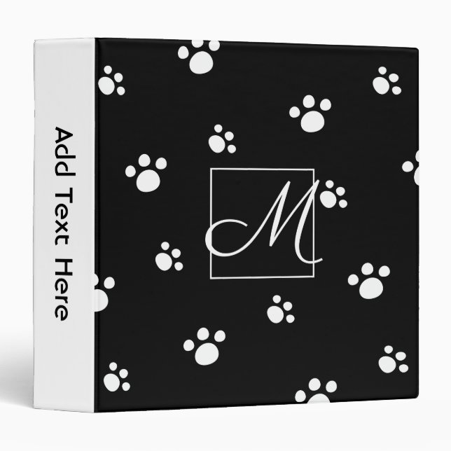 Monogram | Black & White Cute Puppy Dog Paw Print 3 Ring Binder (Front/Spine)