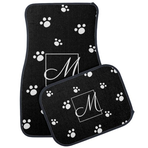 Monogram  Black  White Cute Puppy Dog Paw Print Car Floor Mat