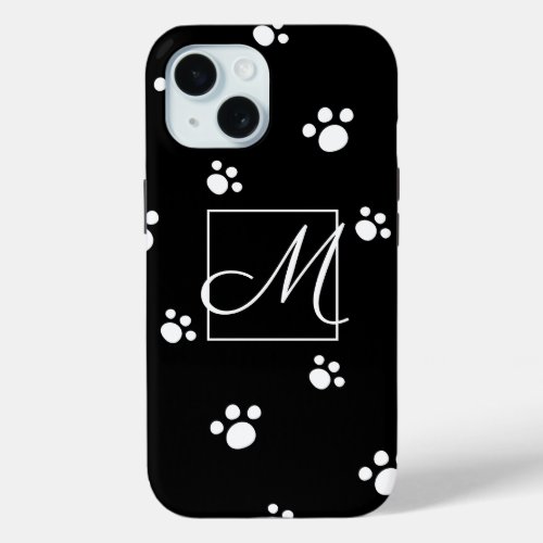 Monogram  Black  White Cute Puppy Dog Paw Print iPhone 15 Case