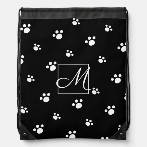 Monogram  Black  White Cute Puppy Dog Paw Print Drawstring Bag