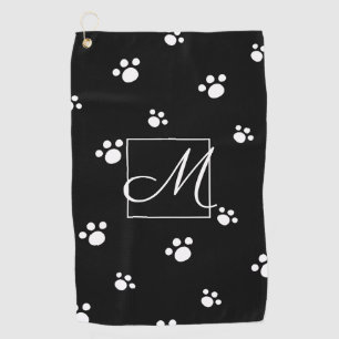 Monogram   Black & White Cute Puppy Dog Paw Print Golf Towel