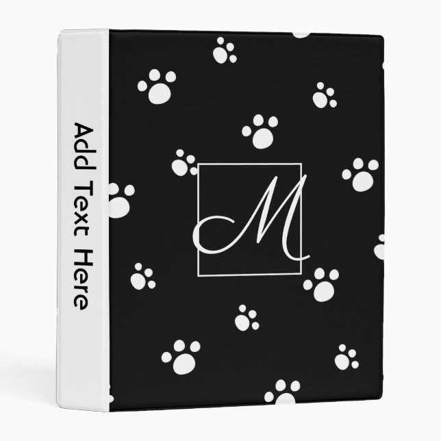 Monogram | Black & White Cute Puppy Dog Paw Print Mini Binder (Front/Spine)
