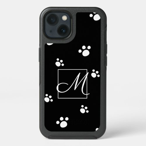 Monogram  Black  White Cute Puppy Dog Paw Print iPhone 13 Case