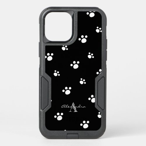 Monogram  Black  White Cute Puppy Dog Paw Print OtterBox Commuter iPhone 12 Pro Case