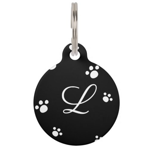 Monogram  Black  White Cute Puppy Dog Paw Print Pet ID Tag