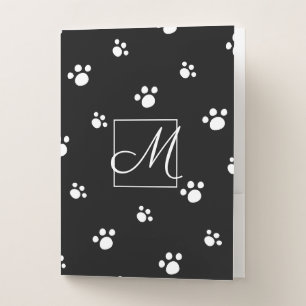 Monogram   Black & White Cute Puppy Dog Paw Print Pocket Folder