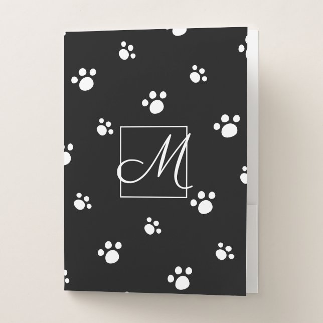 Monogram | Black & White Cute Puppy Dog Paw Print Pocket Folder (Front)