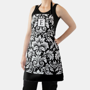 Monogram Black White Damask Apron