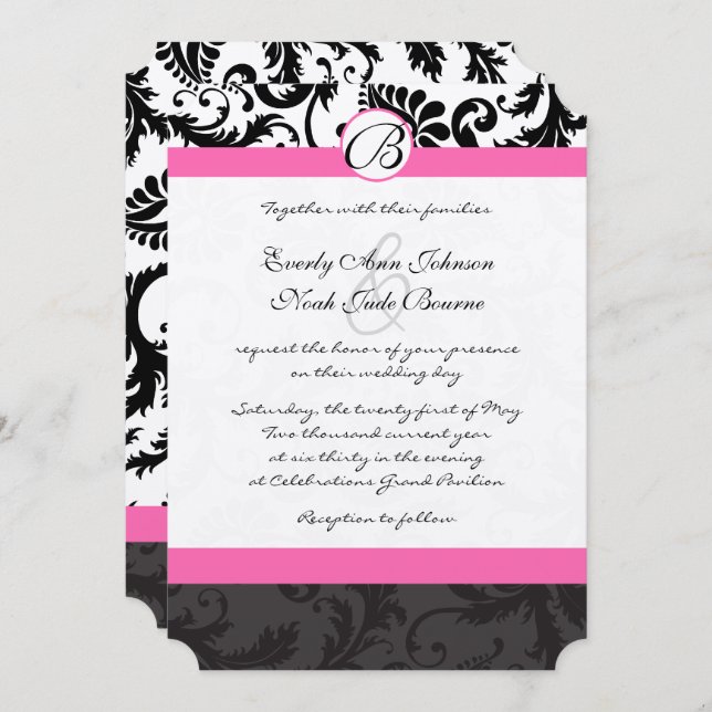 Monogram Black & White Damask Pink Trim Invitation (Front/Back)