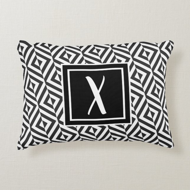 Monogram Black & White Diamond Pattern Accent Pillow (Front)