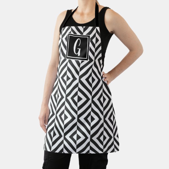 Monogram Black & White Diamond Pattern Apron (Insitu)