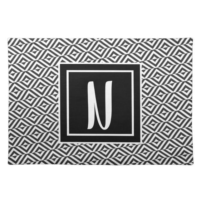 Monogram Black & White Diamond Pattern Cloth Placemat (Front)