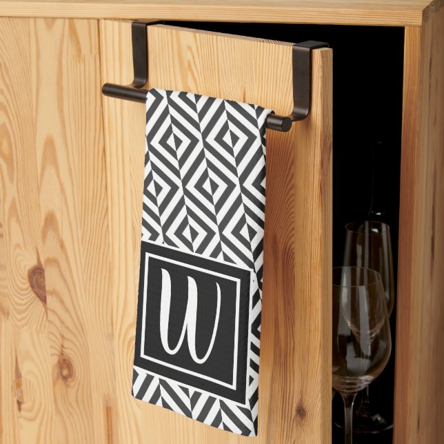 Monogram Black & White Diamond Pattern Kitchen Towel (Thirds Fold)