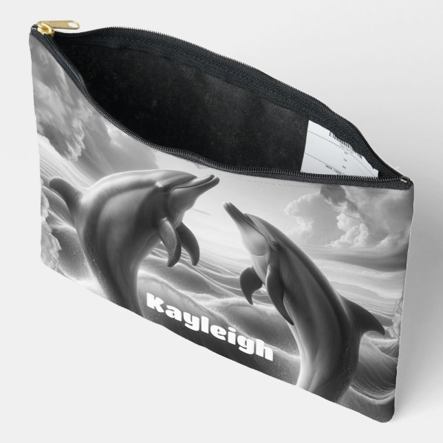 Monogram Black & White Dolphins Ocean | Accessory Pouch (Open)