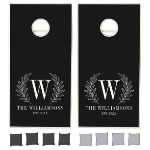 Monogram Black White Family Name Cornhole Set