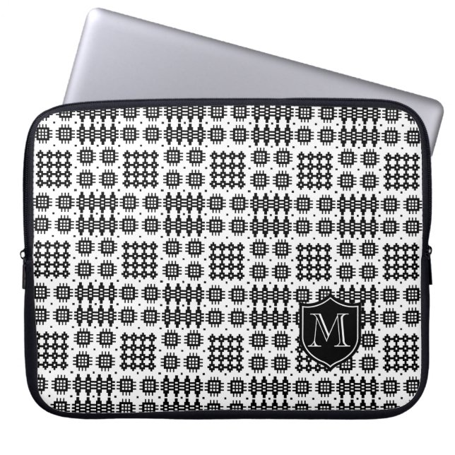 Monogram Black White Faux Welsh Tapestry Pattern Laptop Sleeve (Front)
