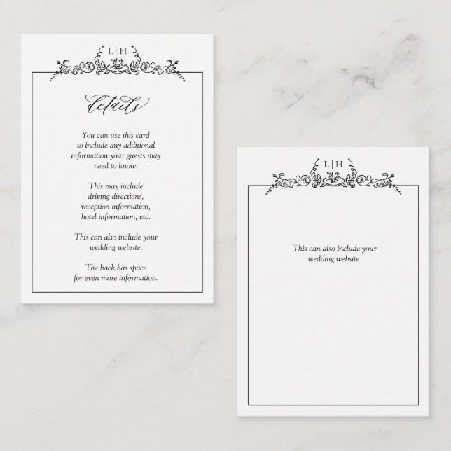 Monogram Black White Floral Border Wedding Details Enclosure Card (Front/Back)