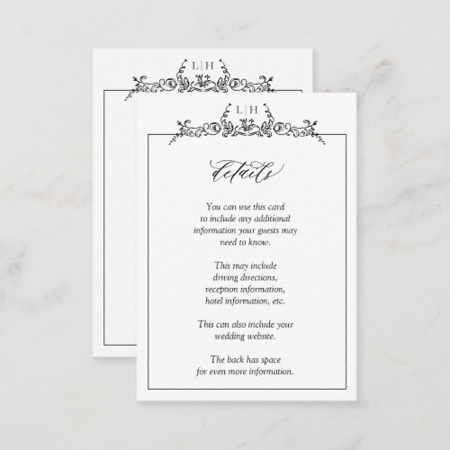 Monogram Black White Floral Border Wedding Details Enclosure Card