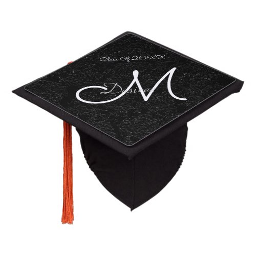 Monogram Black White Floral Elegant Modern 2023 Graduation Cap Topper