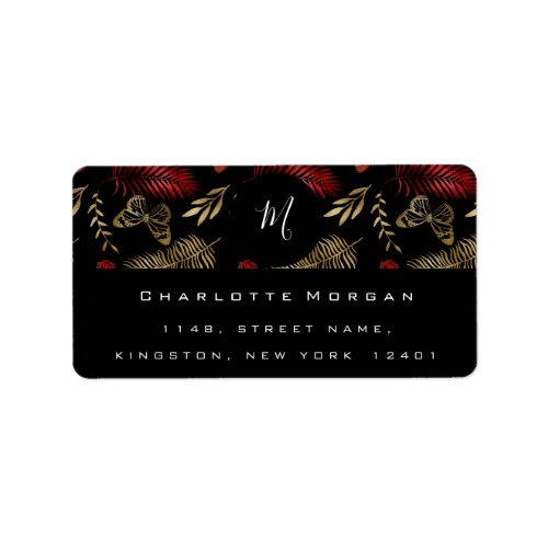 Monogram Black White Floral Gold Palm Leaf RSVP Label