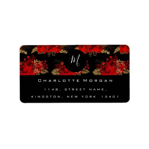 Monogram Black White Floral Gold Roses Leaf RSVP Label